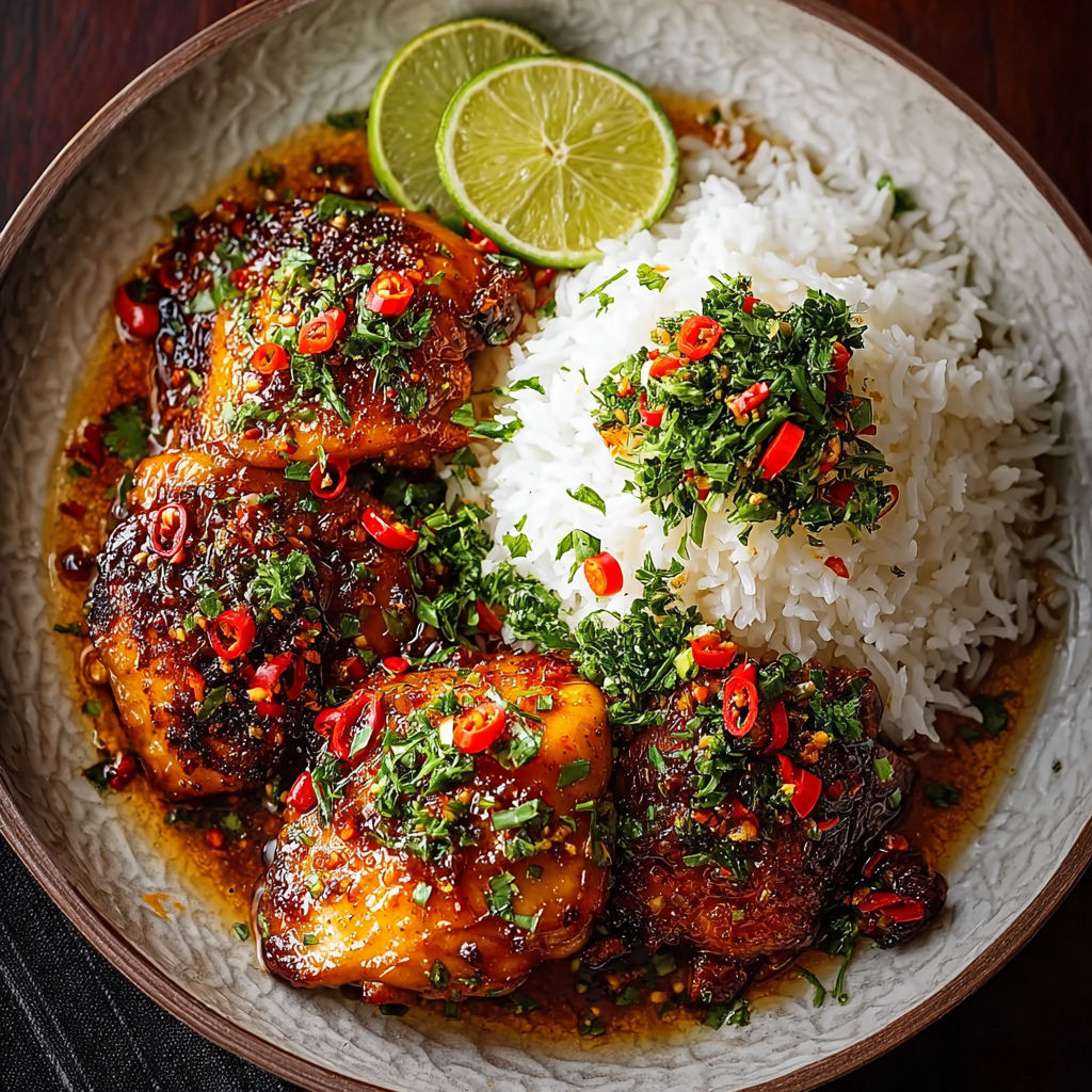 A plate of spicy maple chicken and coconut rice.