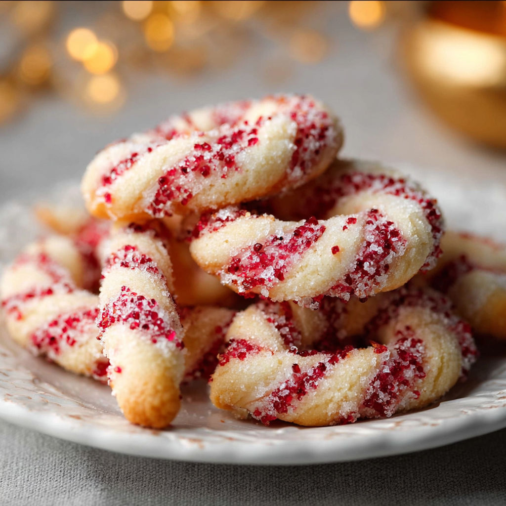 A plate of red and white sprinkled cookies.