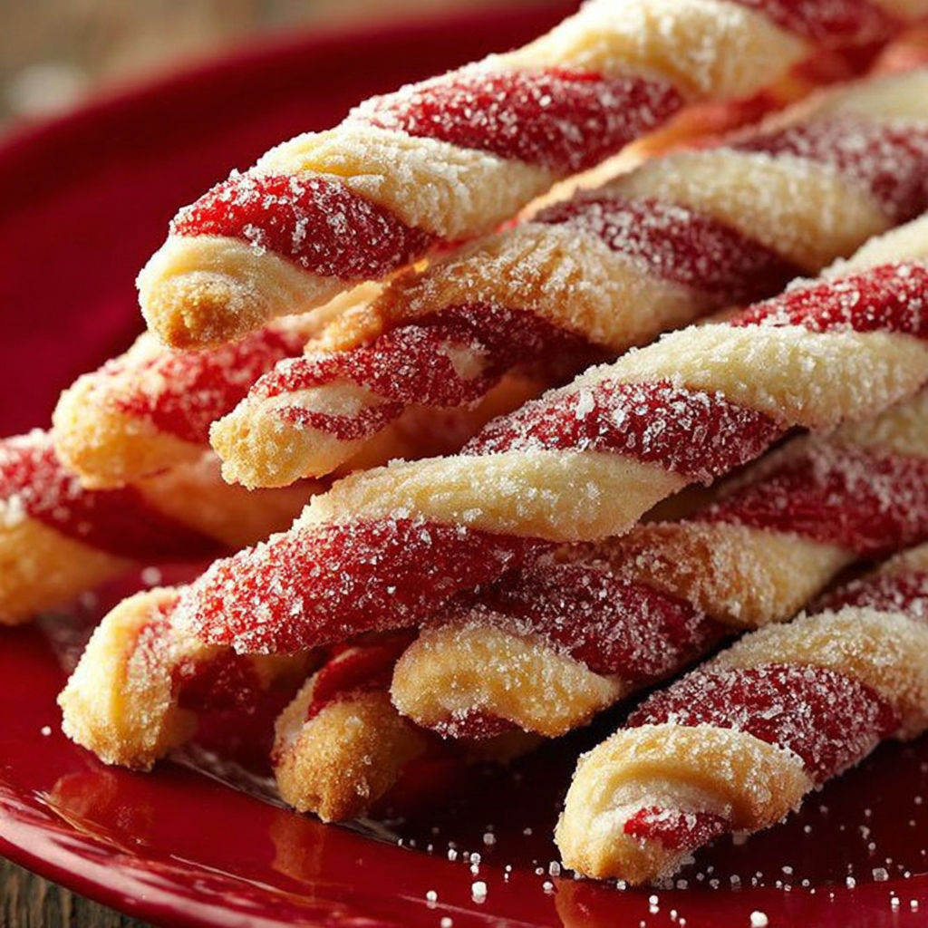 A plate of red and white striped cookies.
