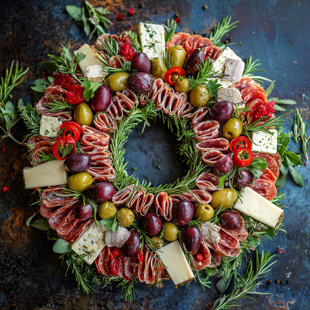 A charcuterie wreath with olives, cheese, and meat.