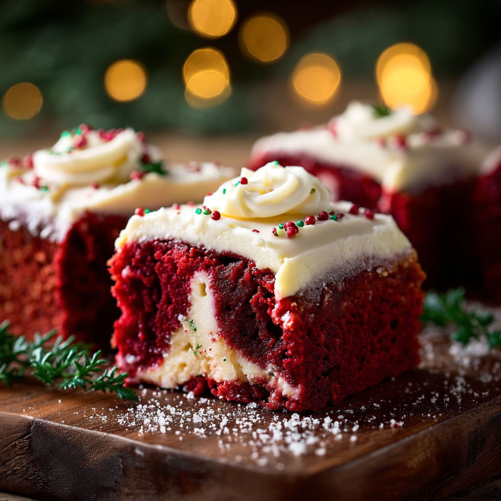 A slice of red velvet cake with white frosting.