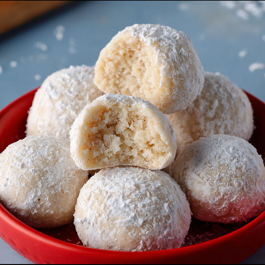 A bowl of powdered sugar covered cookies.