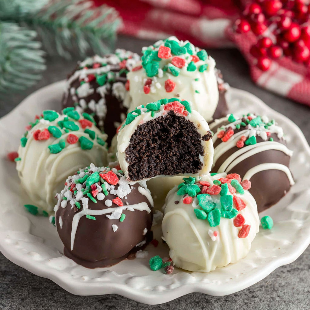 A plate of Christmas Oreo balls.