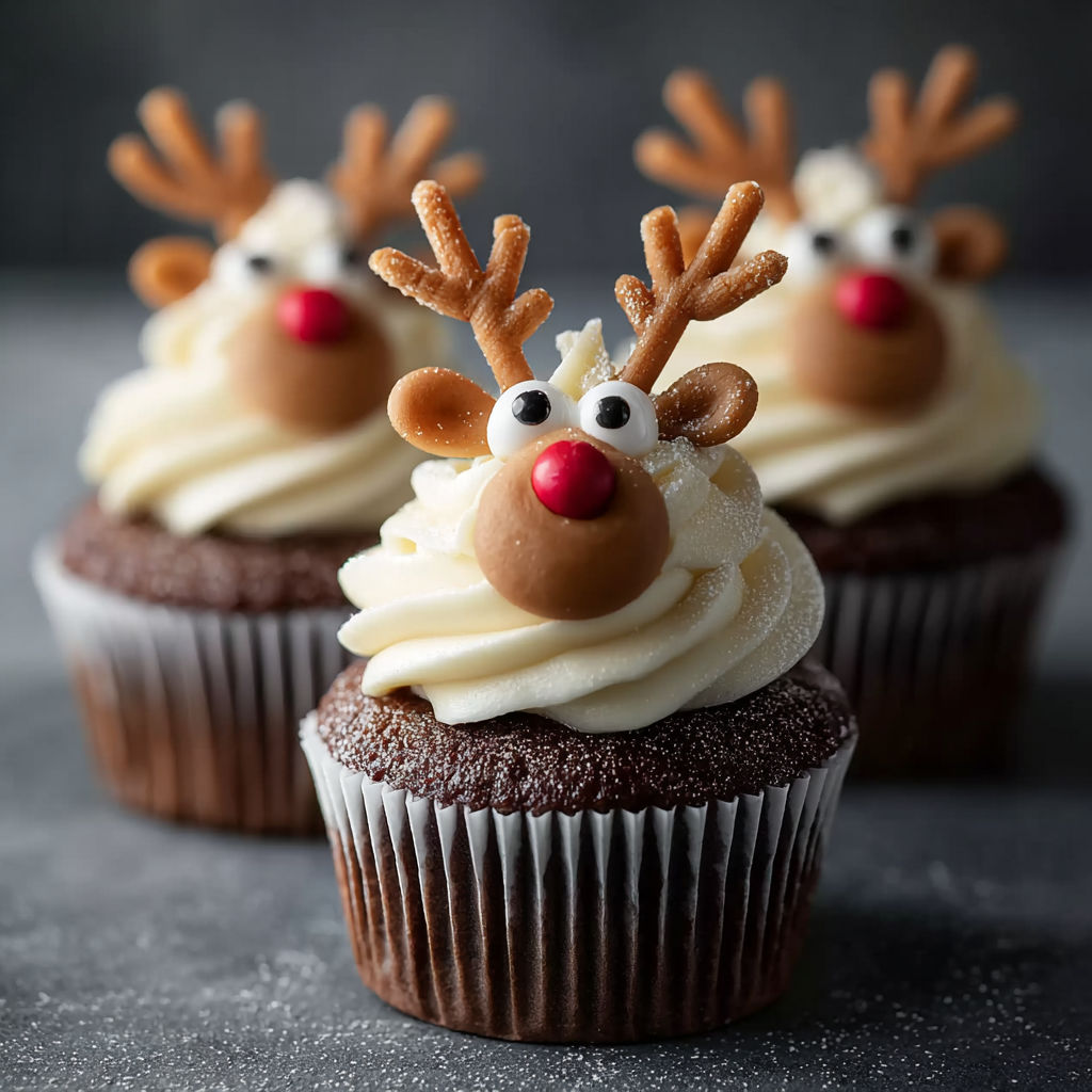Three cupcakes with reindeer decorations.