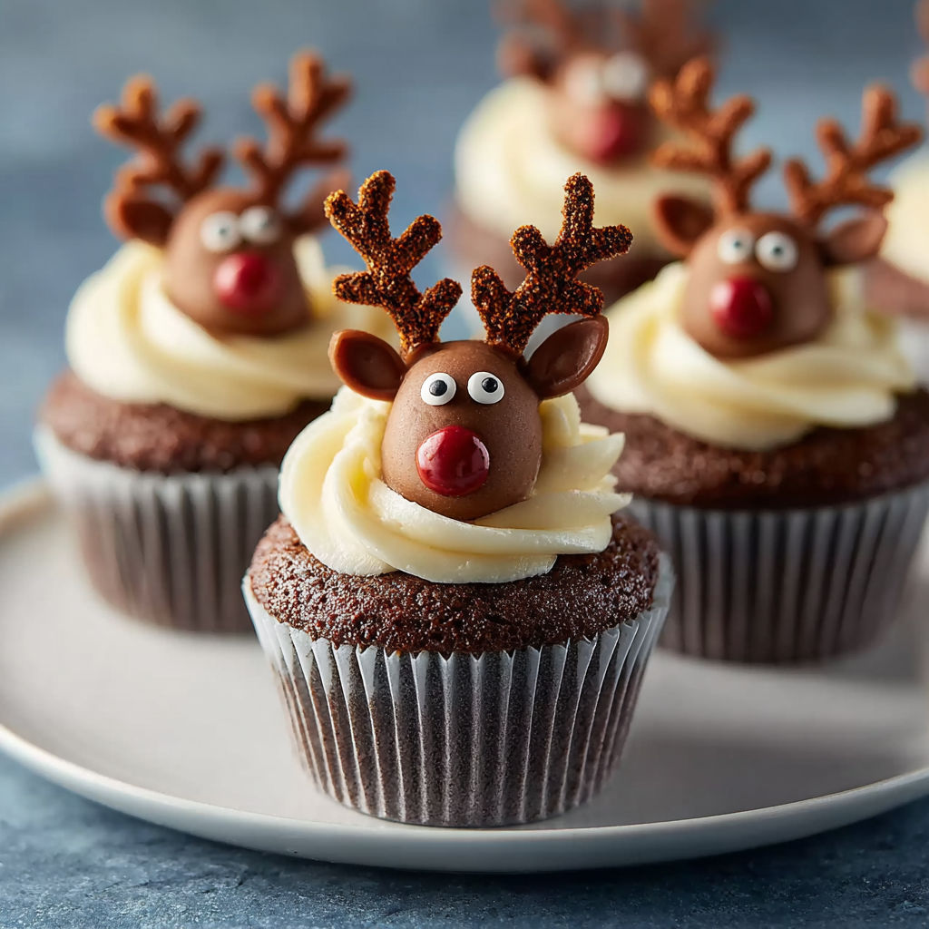 A plate of cupcakes with chocolate frosting and reindeer decorations.