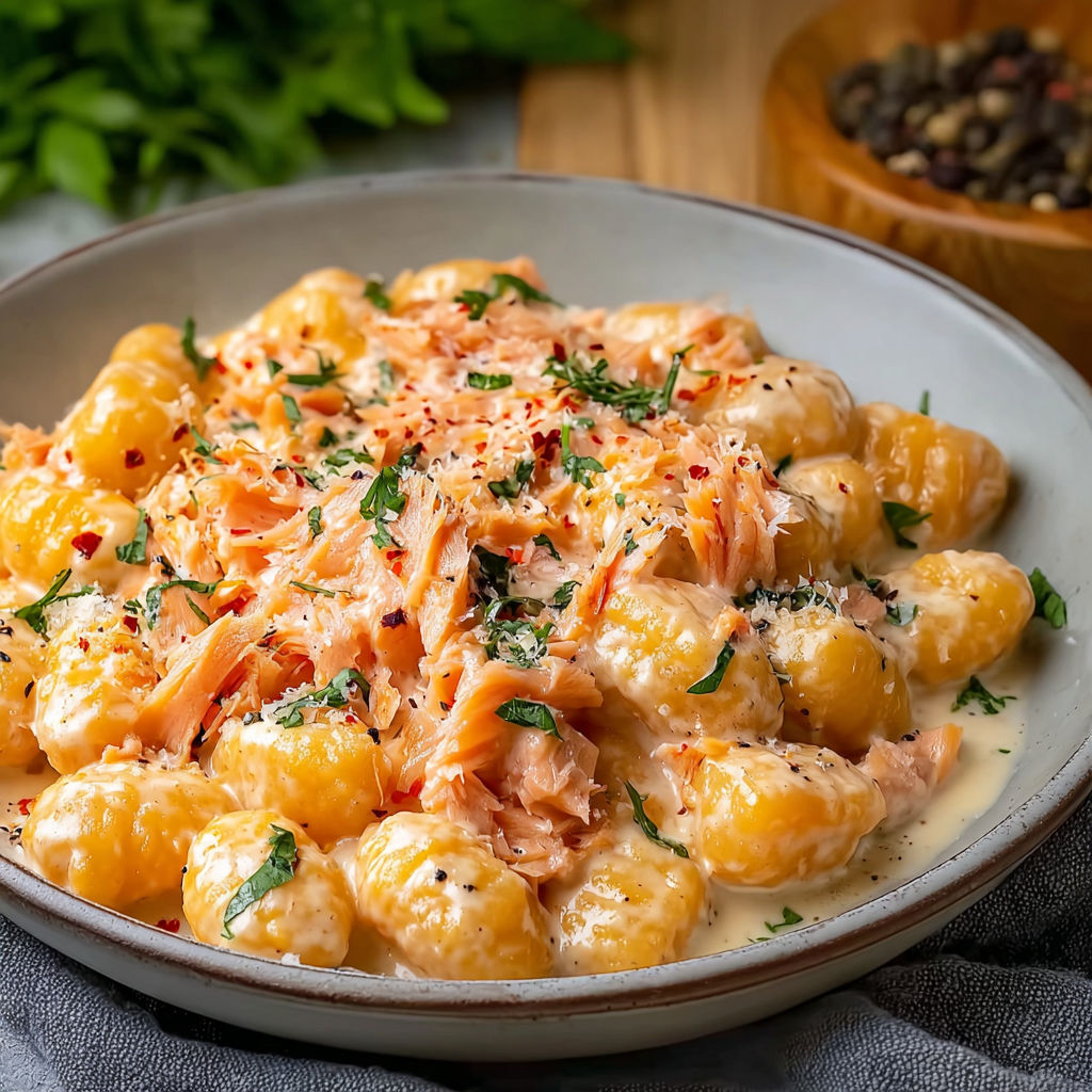 A bowl of gnocchi with salmon and herbs.
