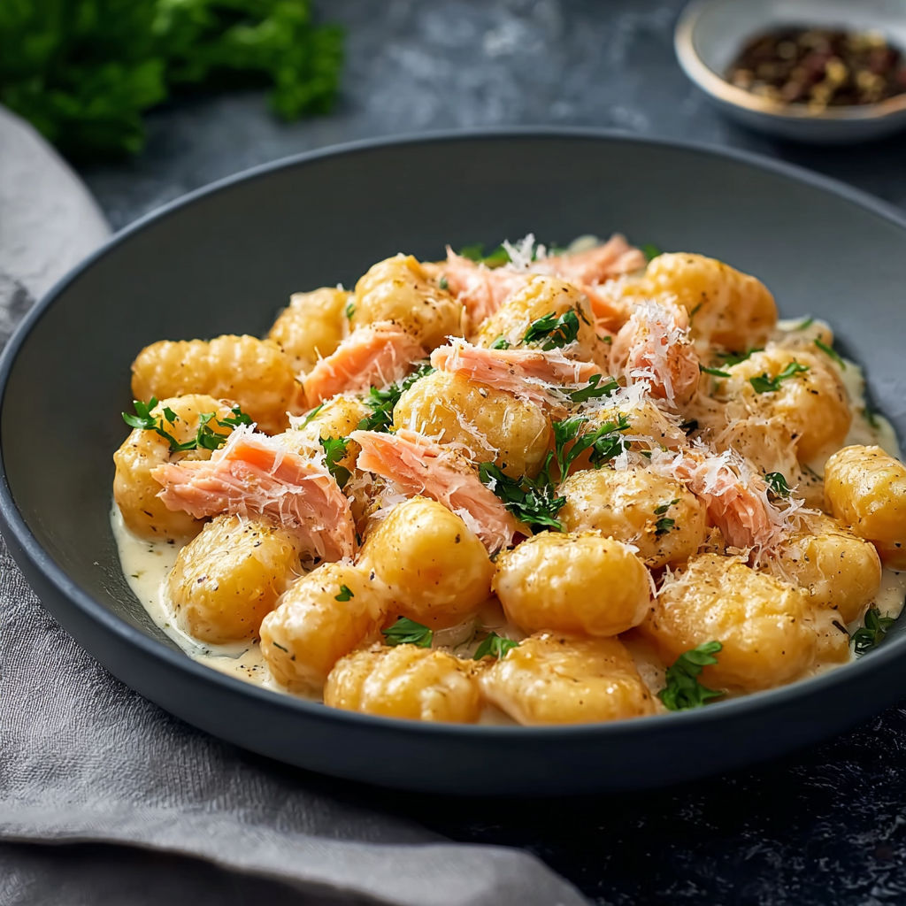 A bowl of gnocchi with salmon and cheese.