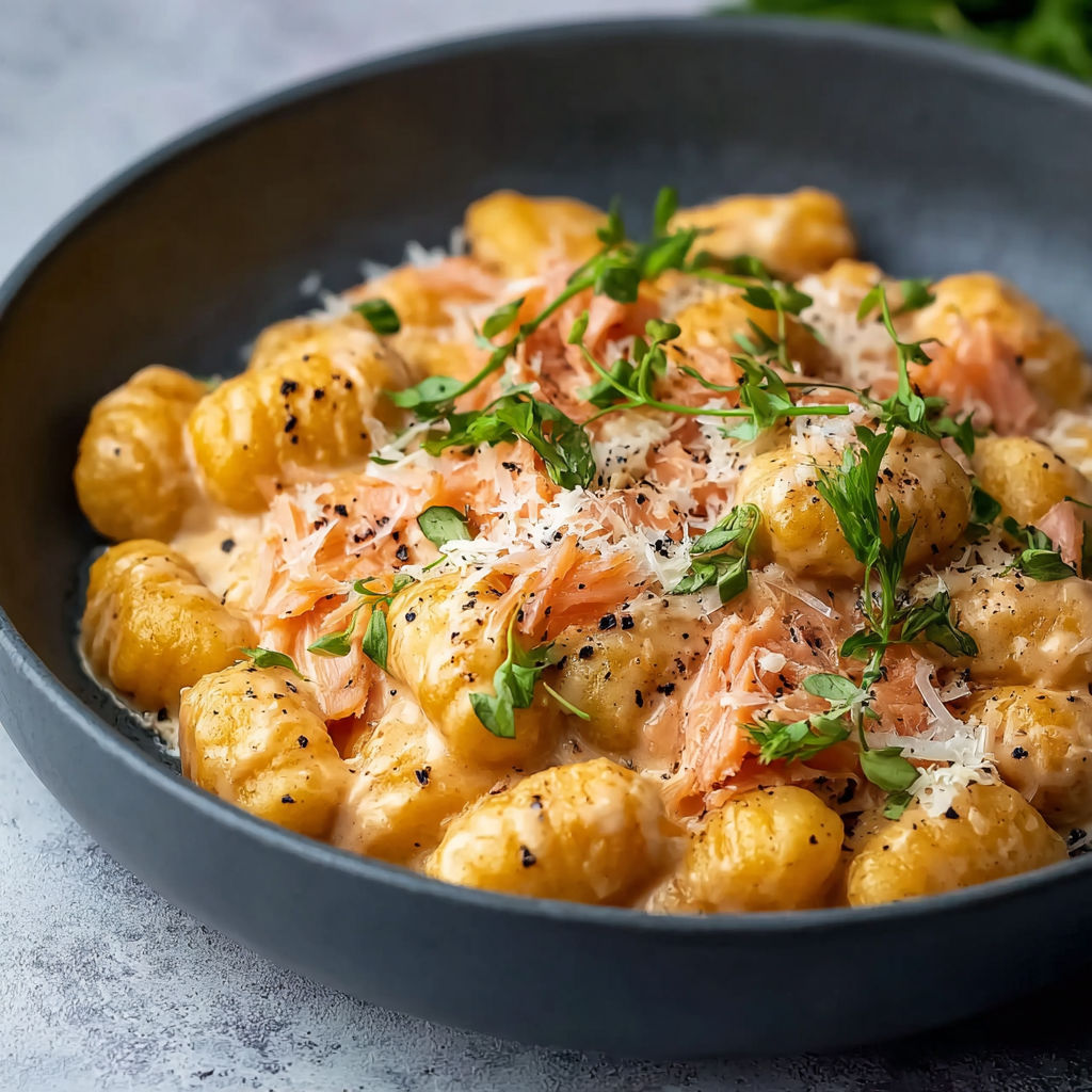 A bowl of gnocchi with salmon and cheese.