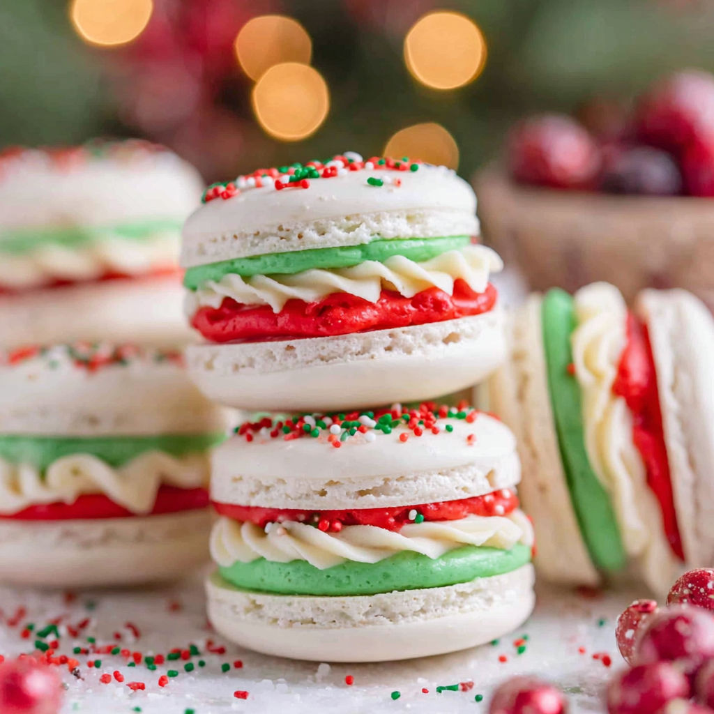 A stack of colorful macarons with a Christmas tree on top.