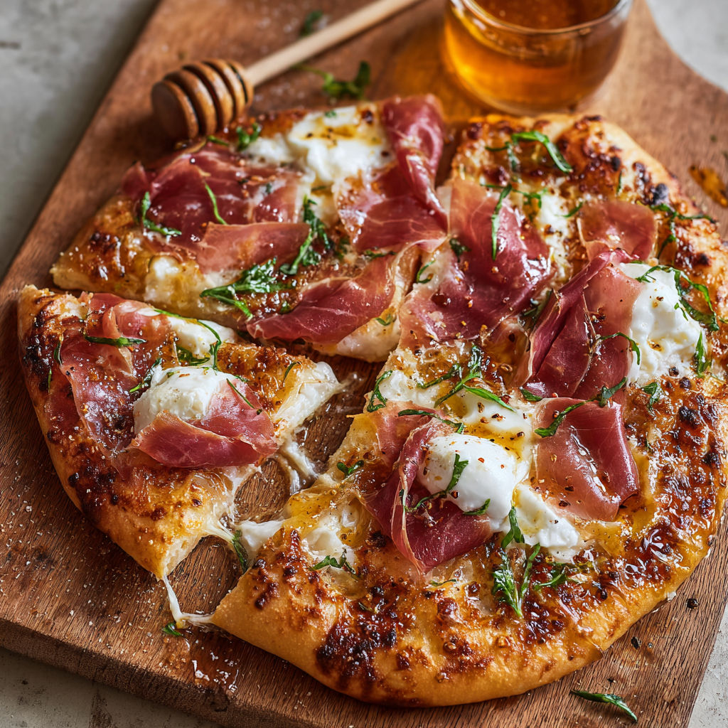 A pizza with prosciutto and honey burrata.
