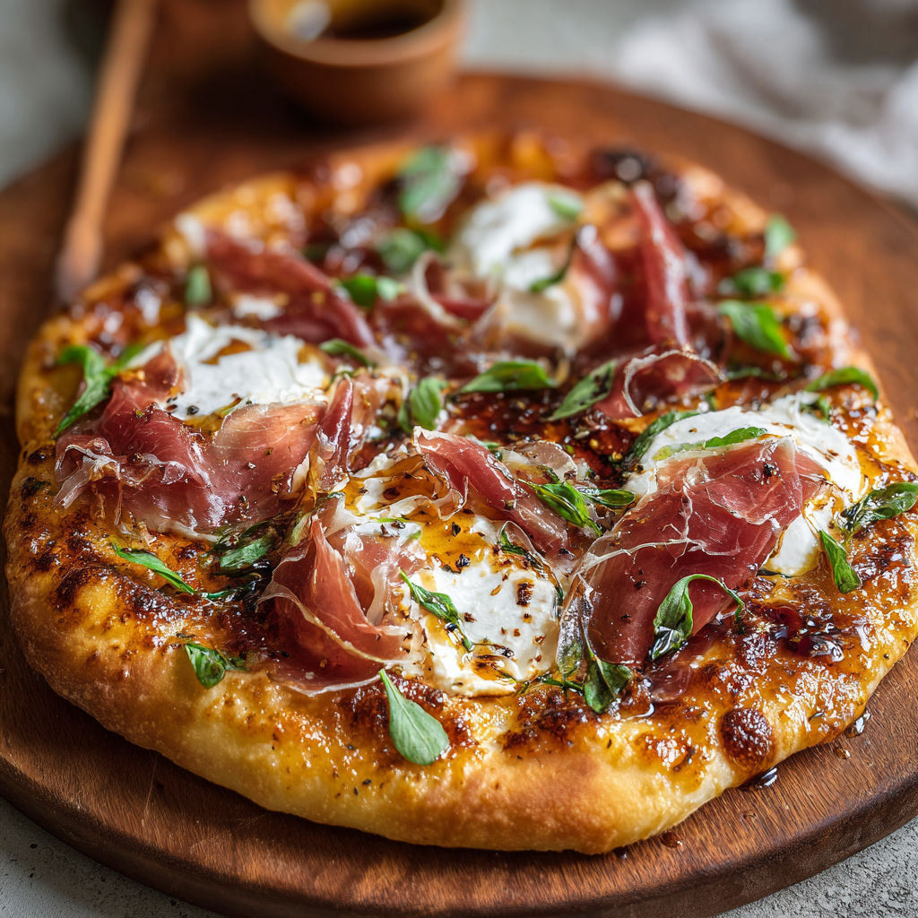 A pizza with prosciutto and honey burrata.