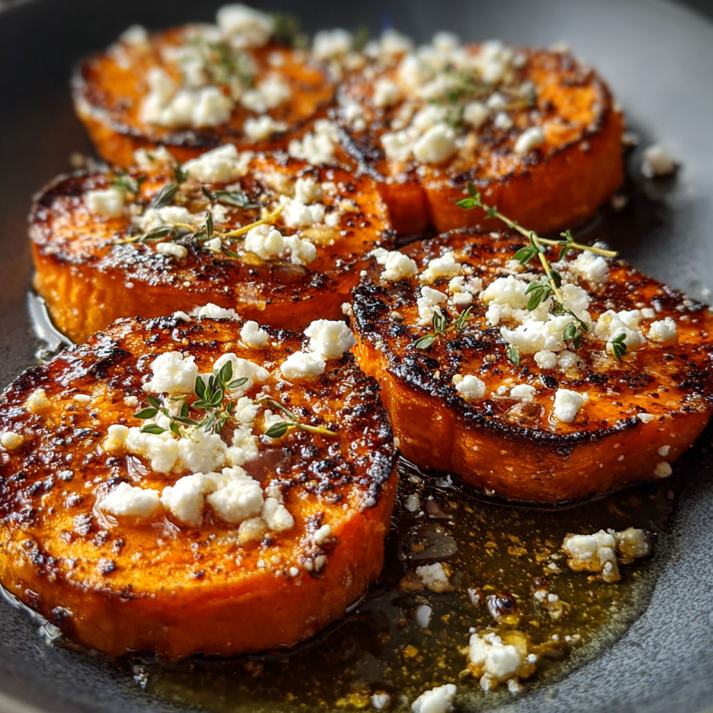 Roasted sweet potato rounds with honey and feta.