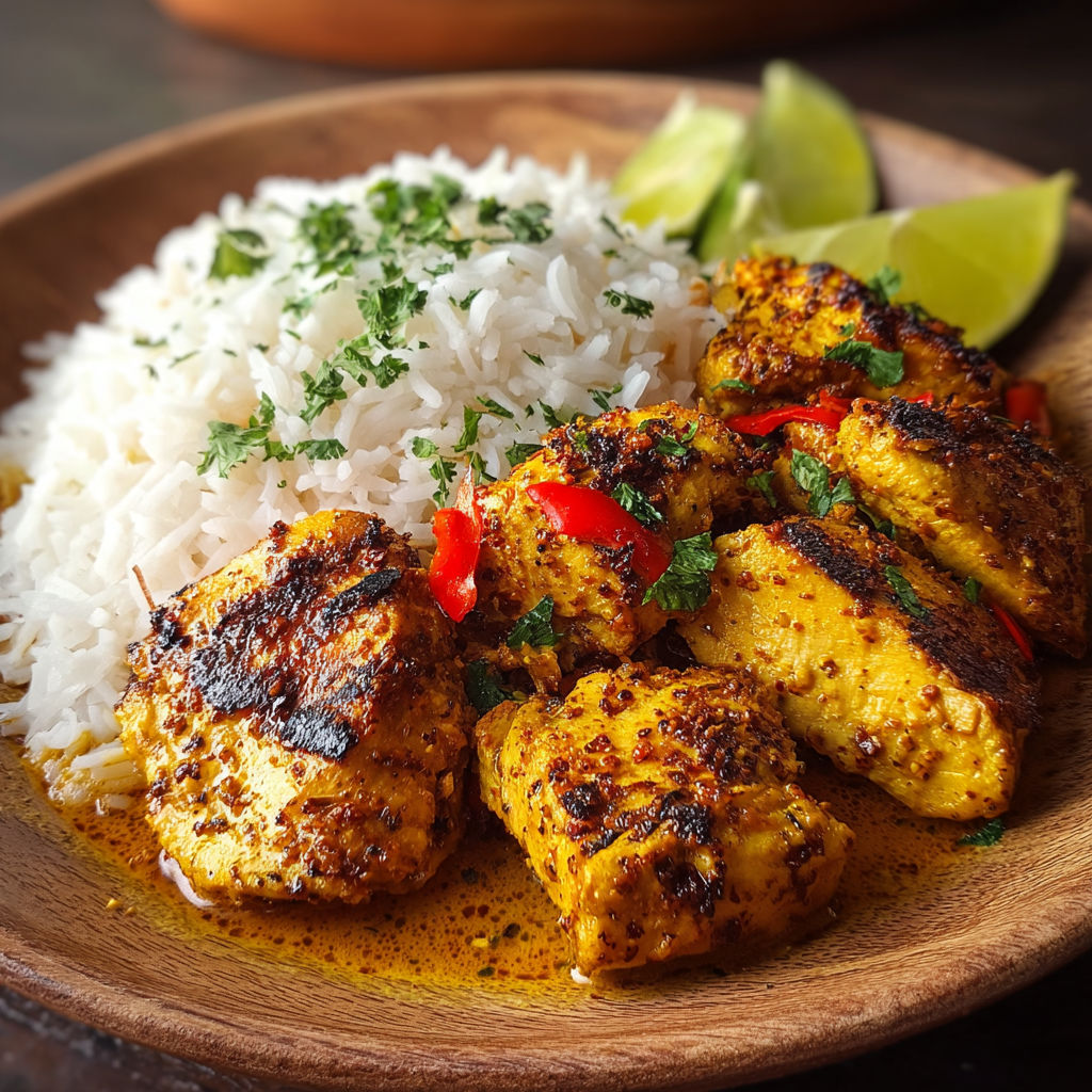 A plate of chicken with rice and lime.