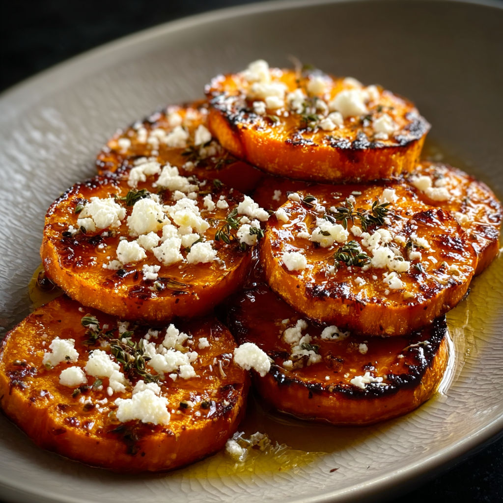 Roasted sweet potato rounds with honey and feta.
