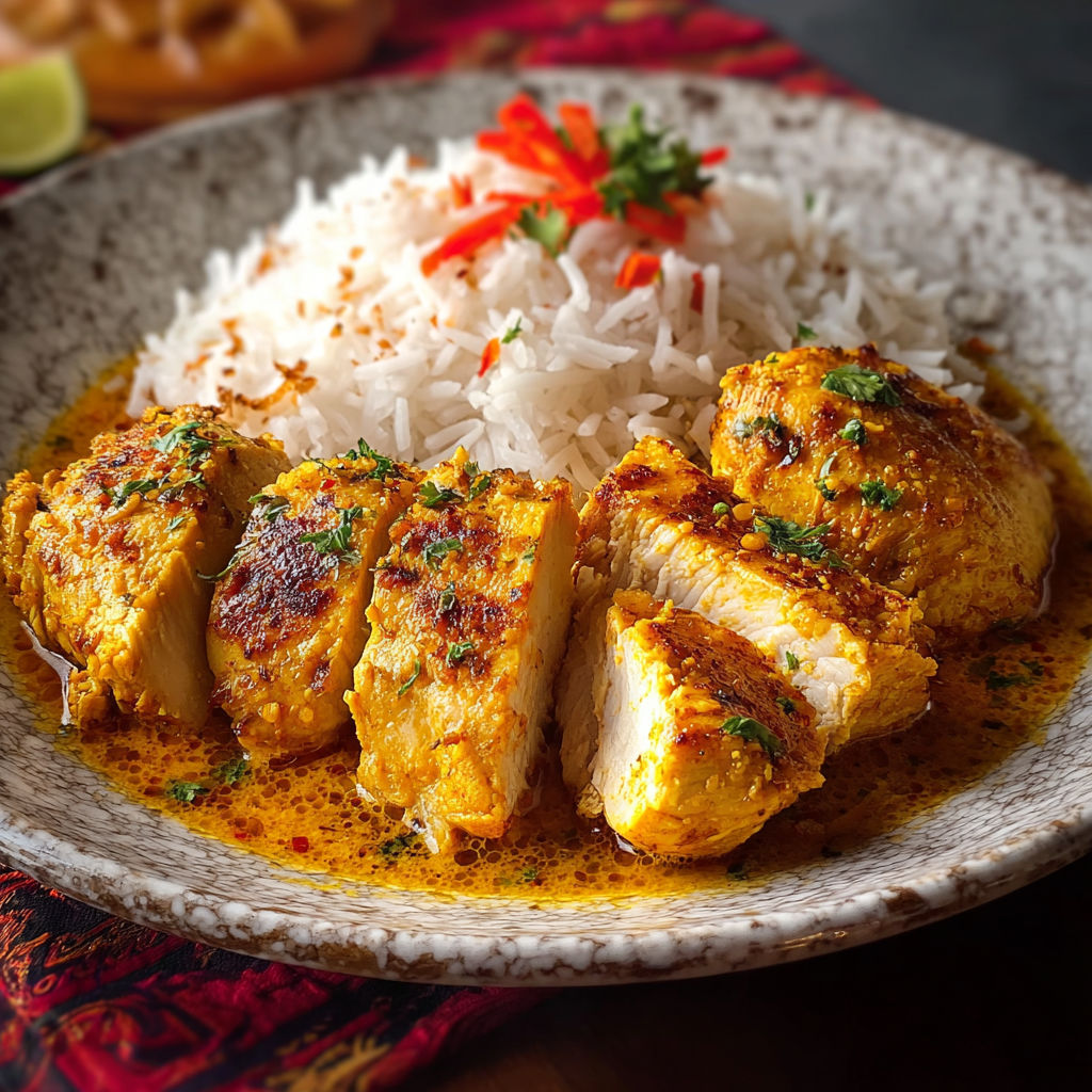A plate of chicken with rice and peppers.