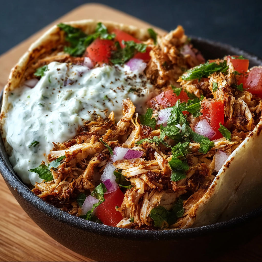 A bowl of slow cooker chicken shawarma.