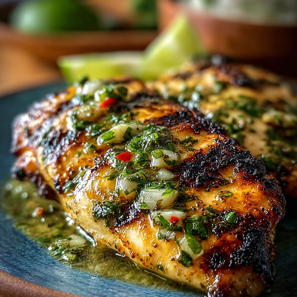 A plate of food with a chicken breast and lime wedges.
