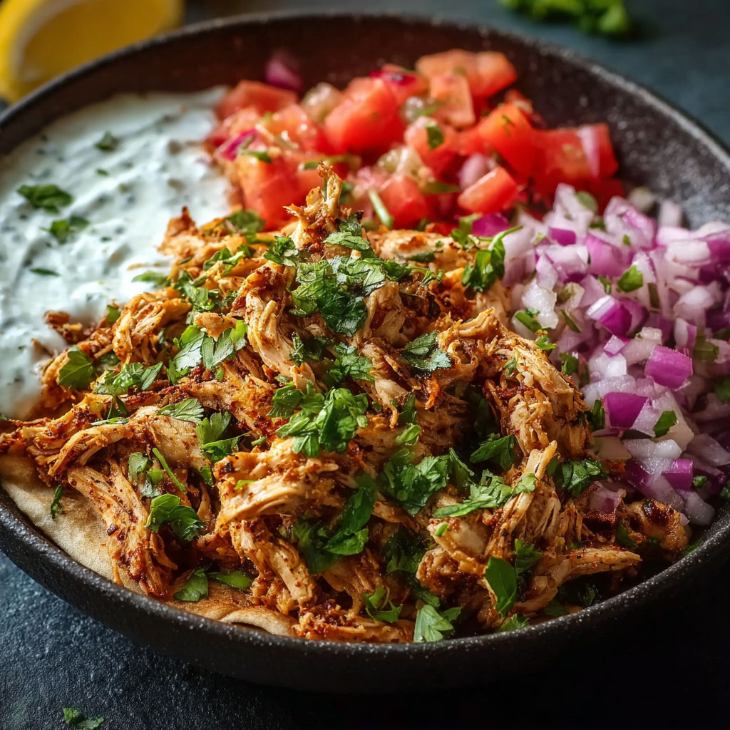 A bowl of slow cooker chicken shawarma.