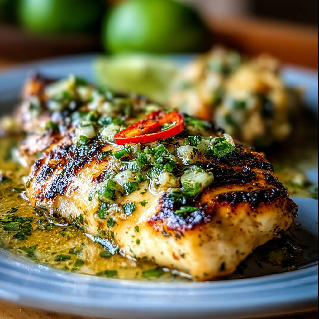 A plate of food with a piece of meat and a lime wedge.