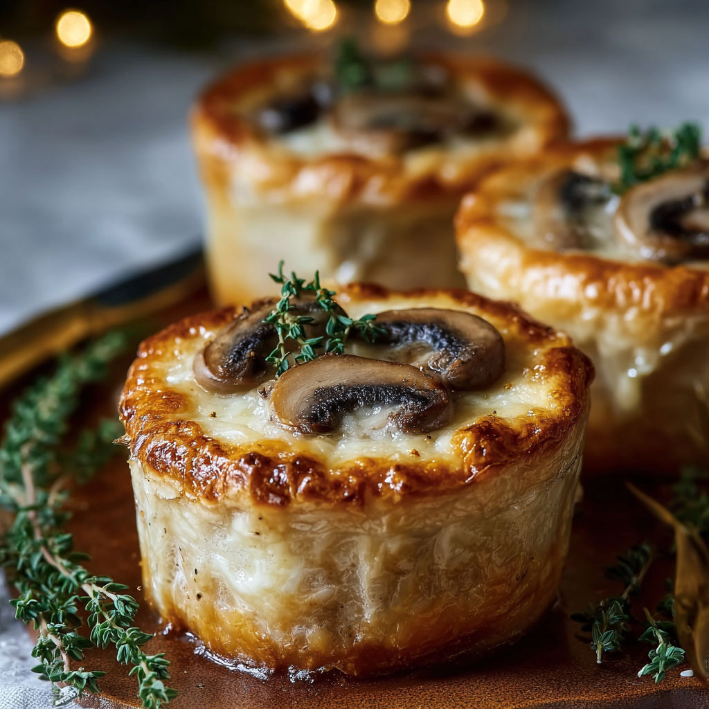 Three mini mushroom and gruyere pot pies with thyme.