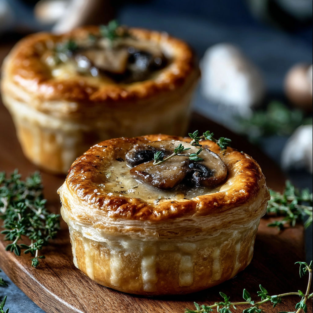 Two mini mushroom and gruyere pot pies with thyme are irresistible.