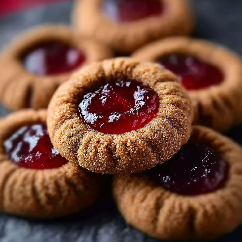 Gingerbread thumbprint cookies with cranberry jam.