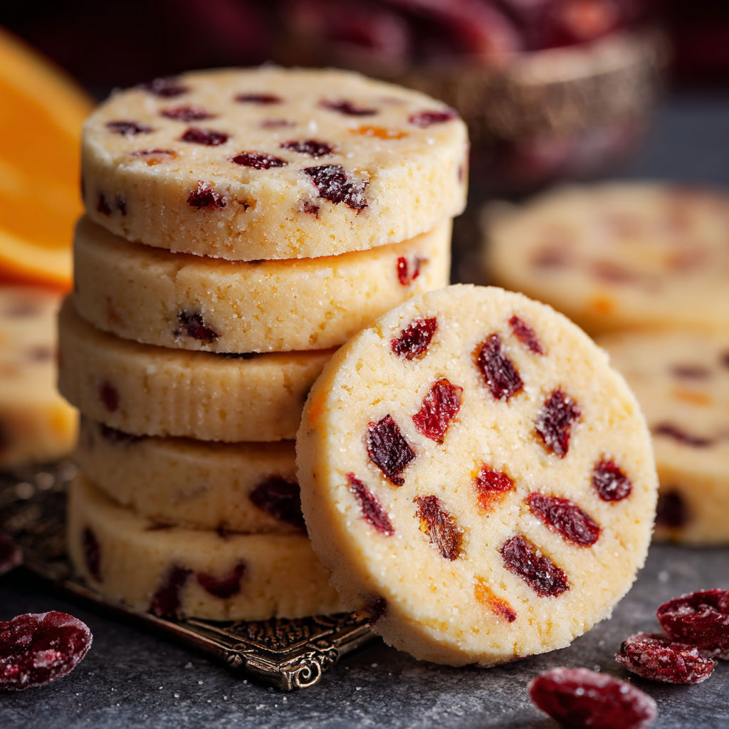 A stack of cranberry orange shortbread cookies.