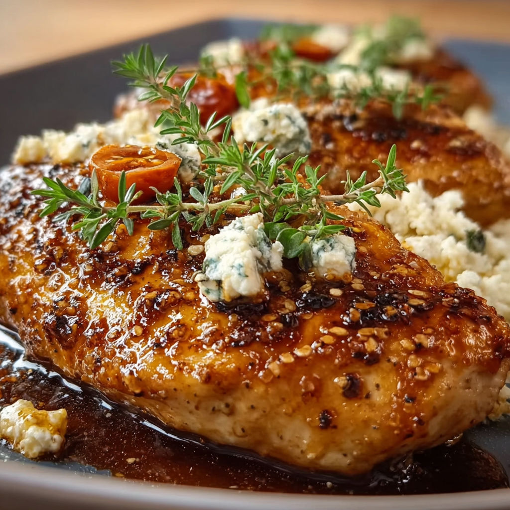 A plate of chicken with feta cheese and honey.
