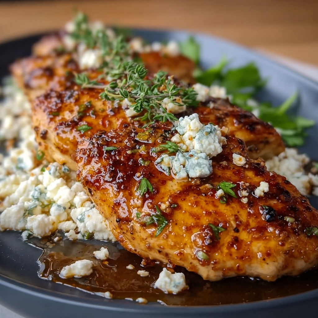 A plate of chicken with feta cheese and honey.