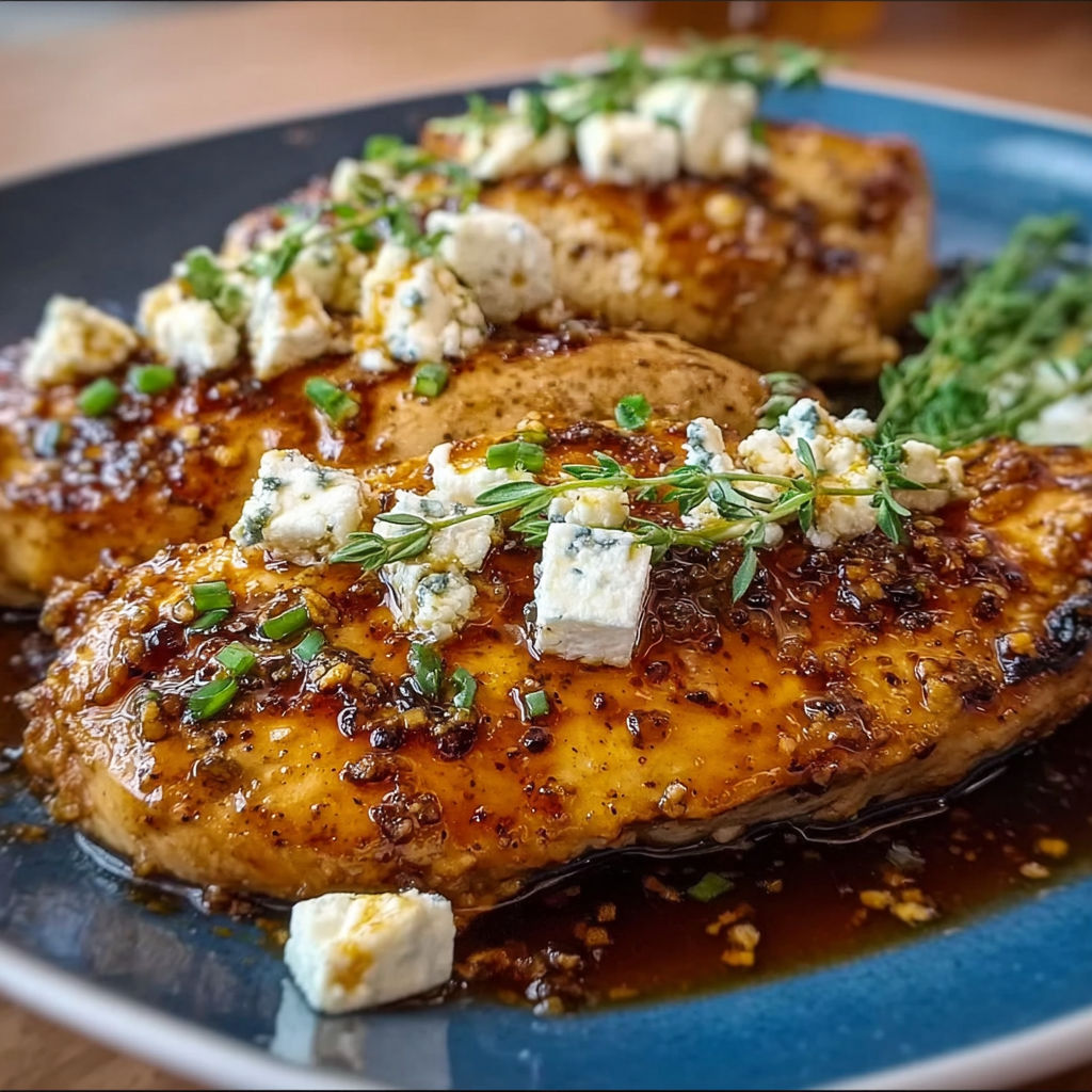 A plate of feta chicken with a drizzle of honey.