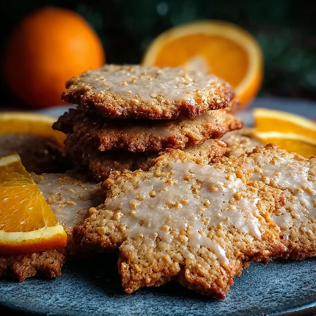 A plate of cookies with oranges in the background.