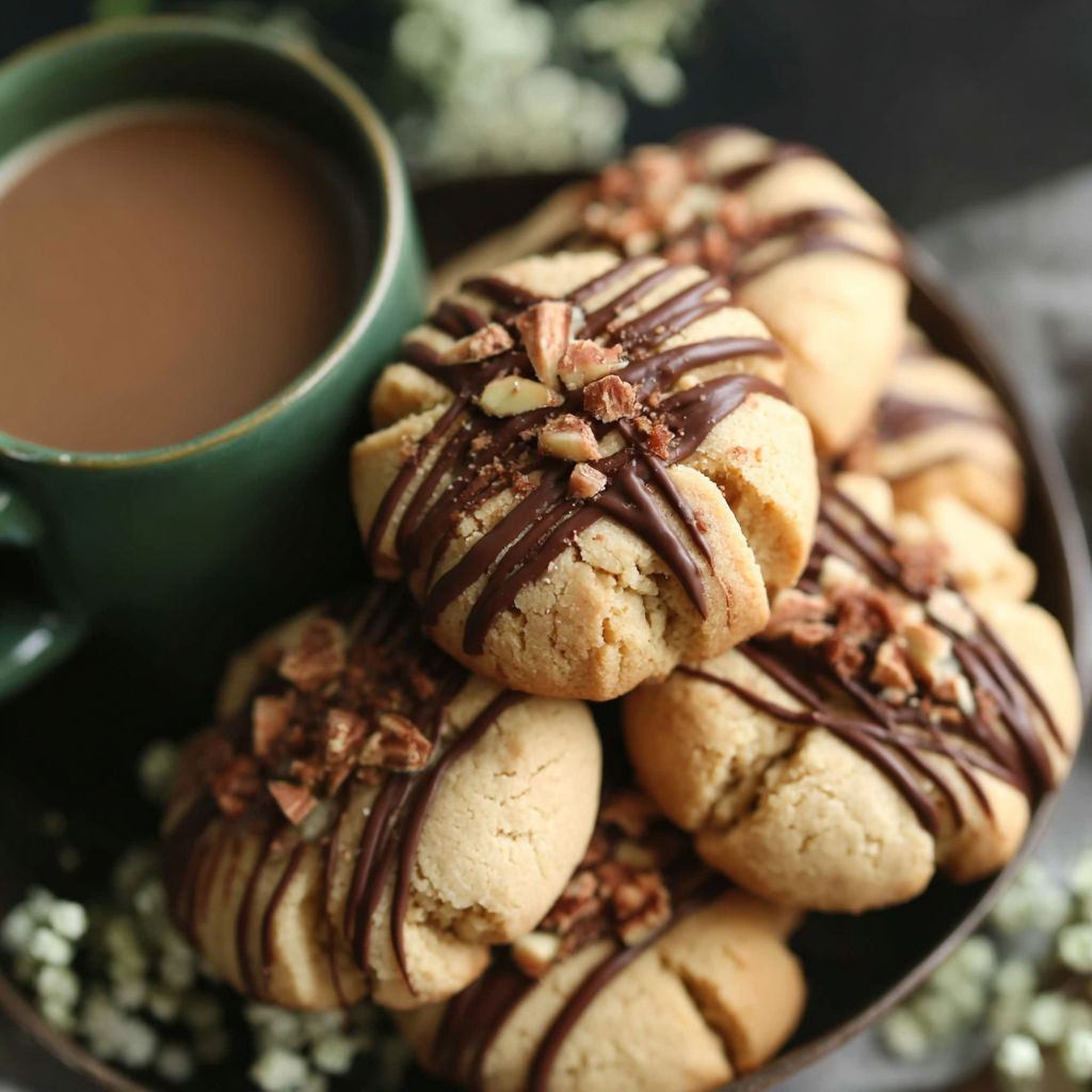 A plate of cookies with chocolate drizzle and nuts.
