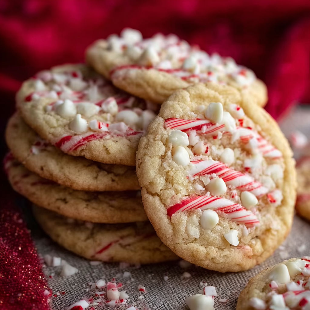 A stack of white chocolate candy cane cookies.
