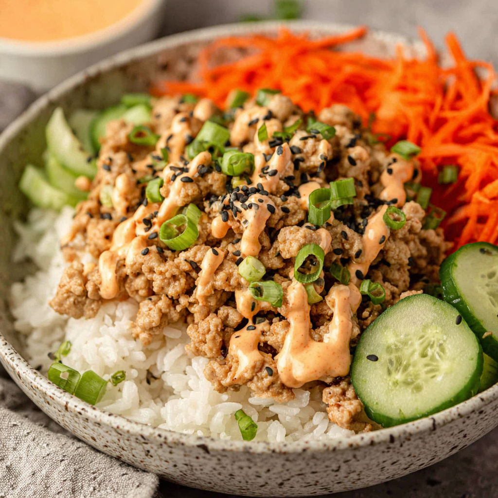 A bowl of food with rice, meat, and vegetables.