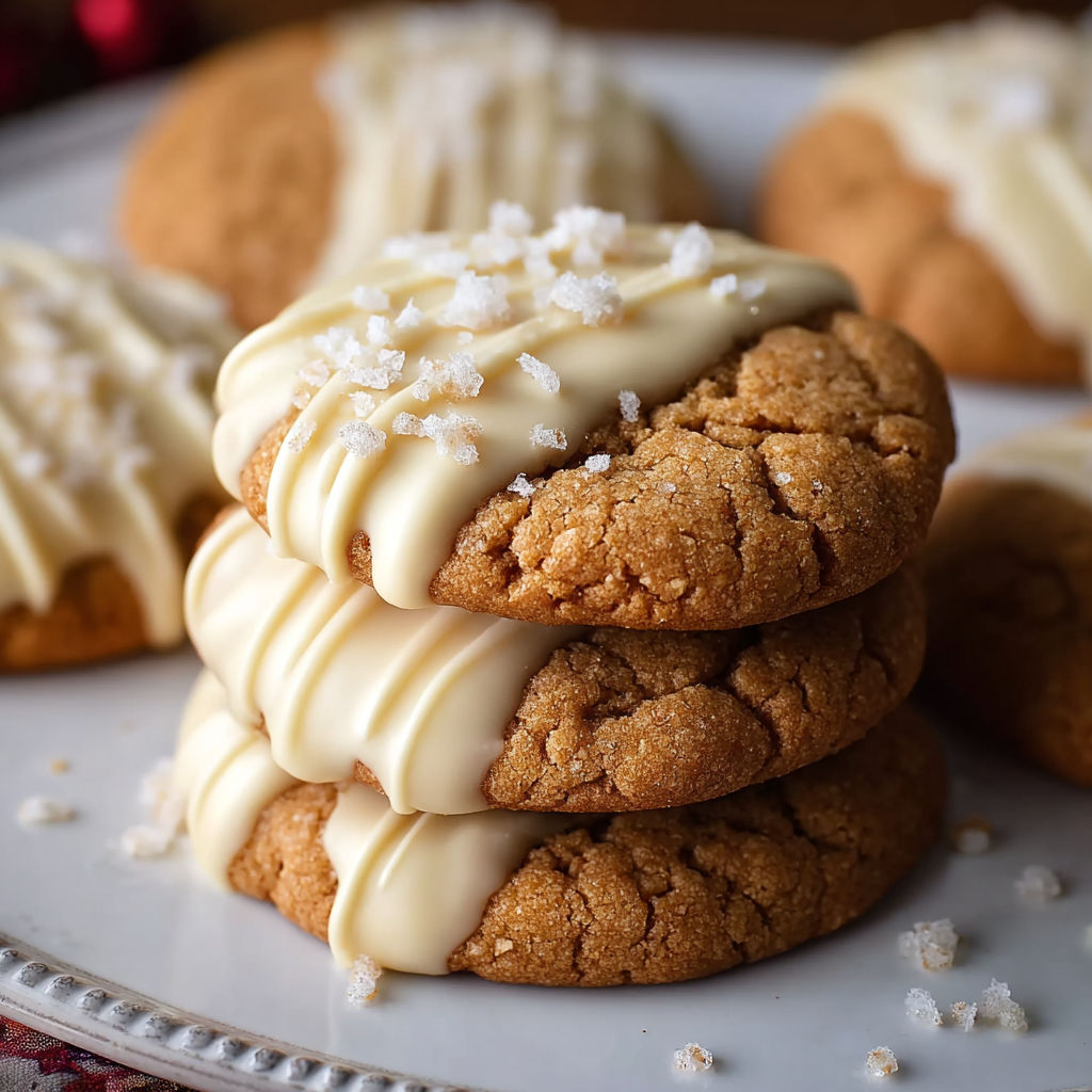 White chocolate dipped chewy maple cookies for Christmas.