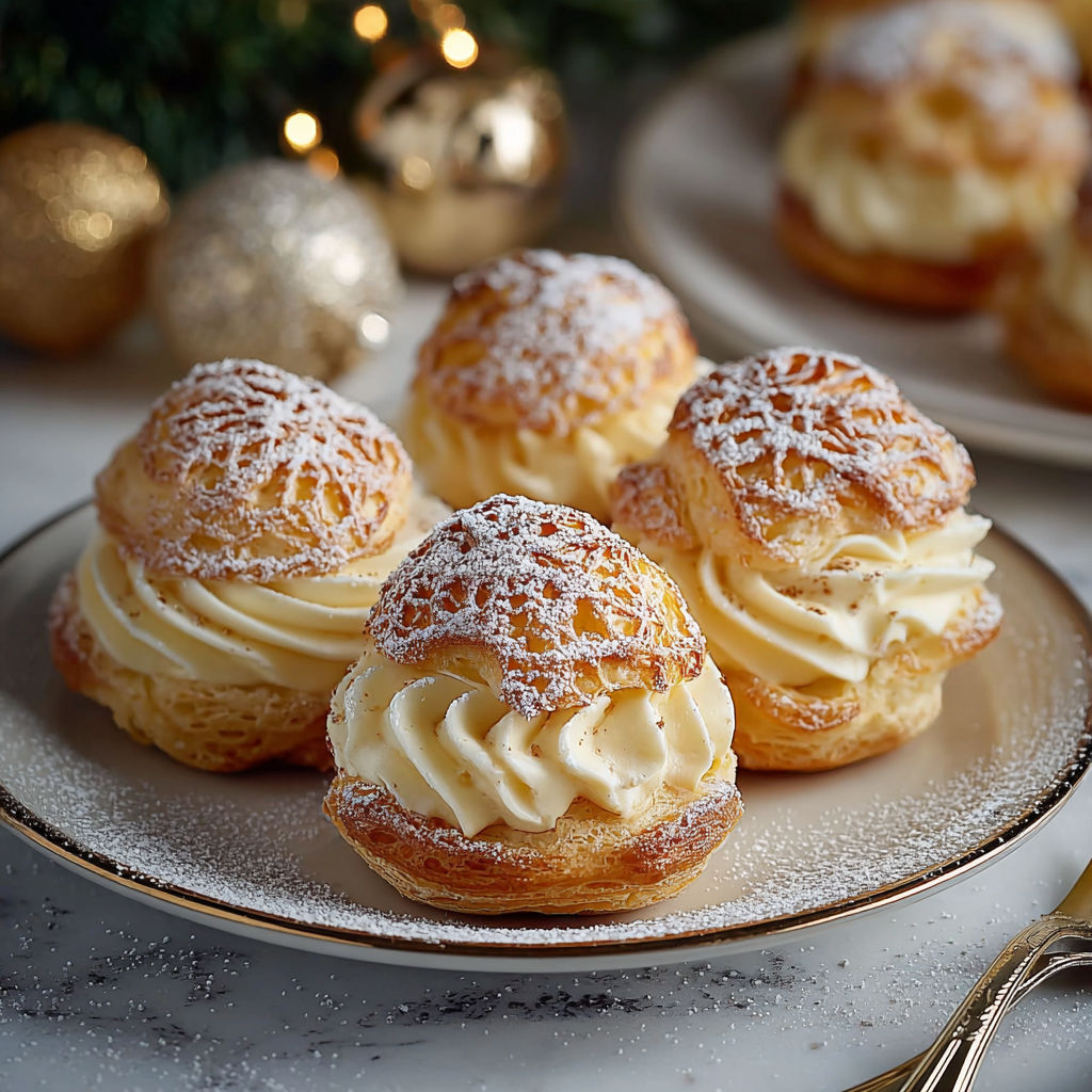 A plate of cream puffs with powdered sugar on top.