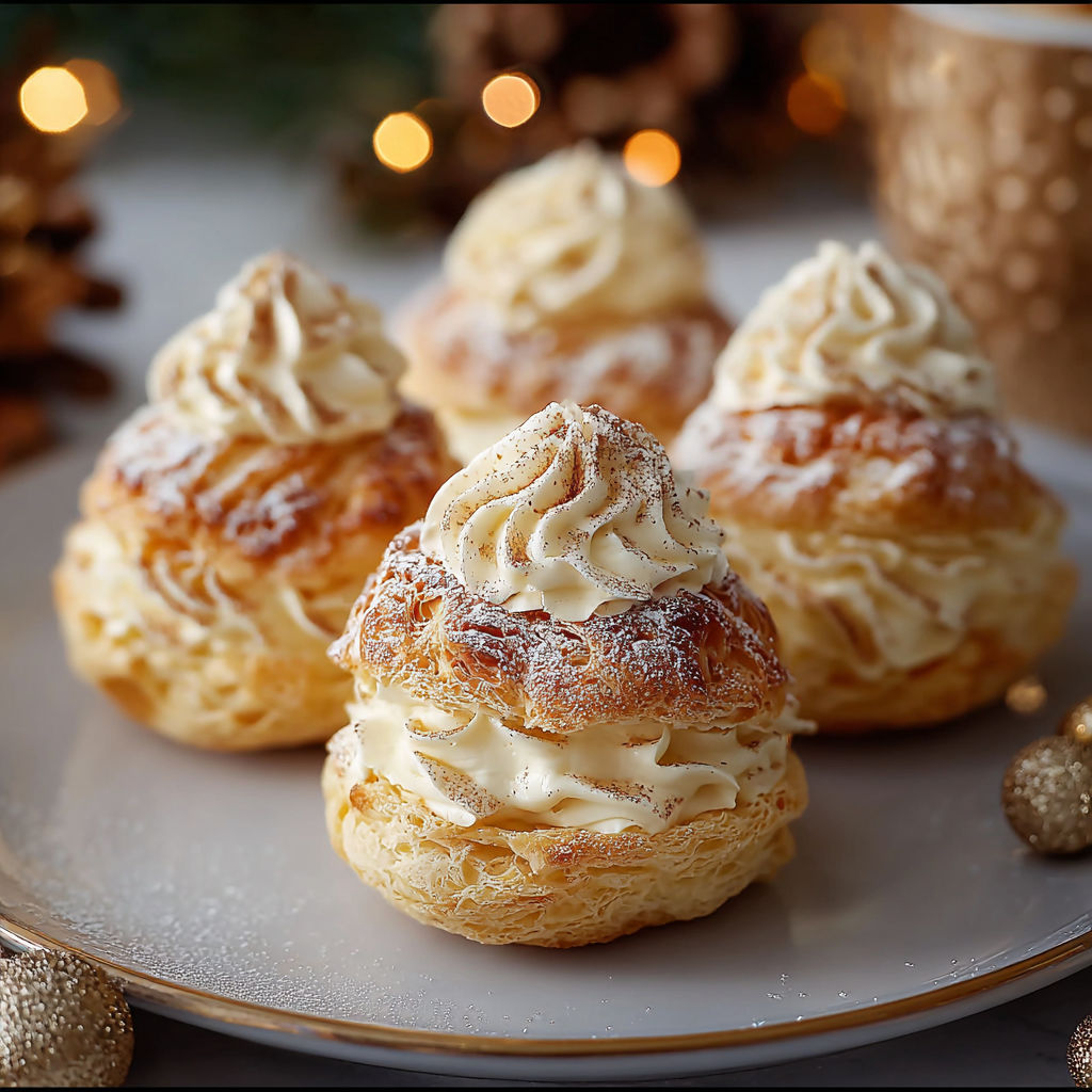 Three cream puffs with powdered sugar and a holiday decoration.