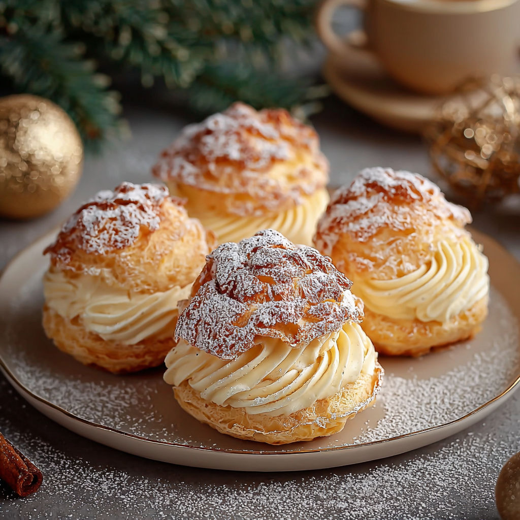 Three delicious looking cream puffs with powdered sugar on a plate.