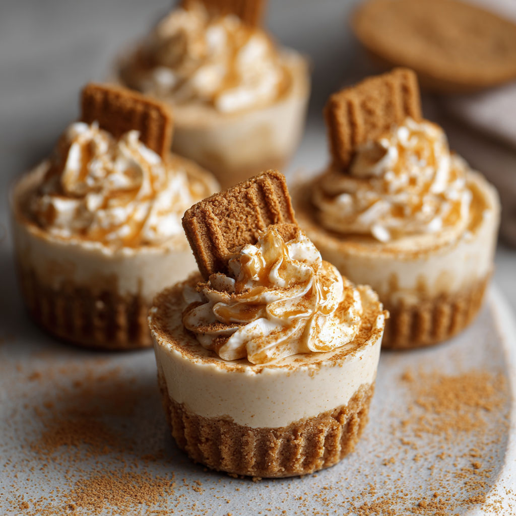 Four small cups of cheesecake with cookies on top.