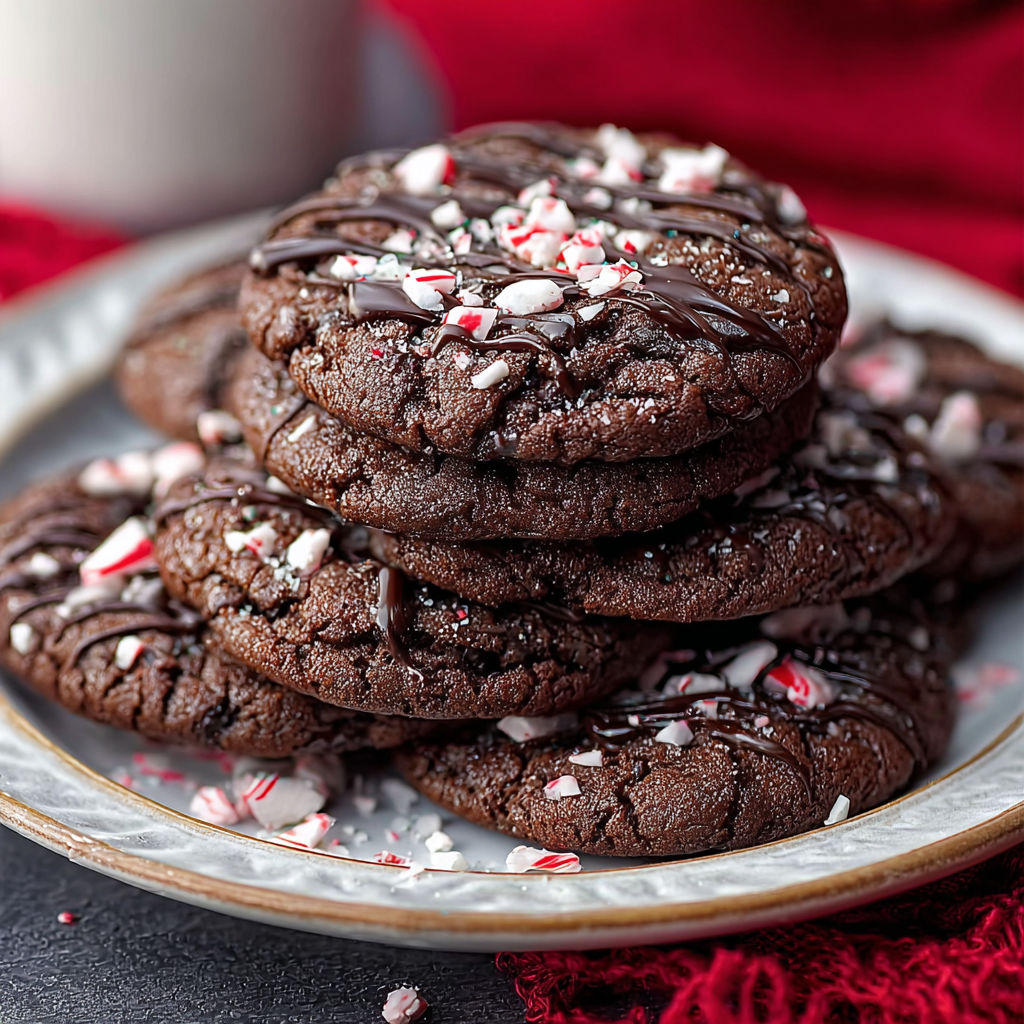 A plate of chocolate cookies with white and red sprinkles.