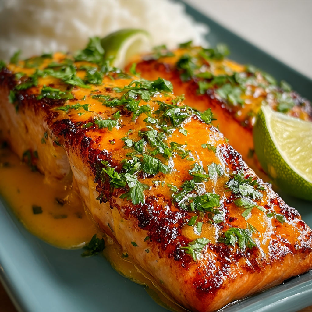 A plate of cooked salmon with a side of rice and lime.