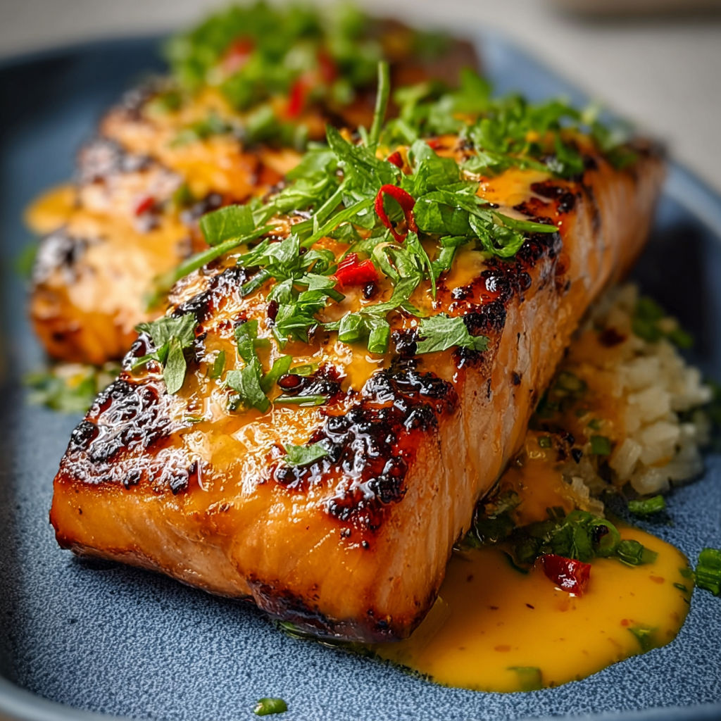 A plate of cooked salmon with a sauce.