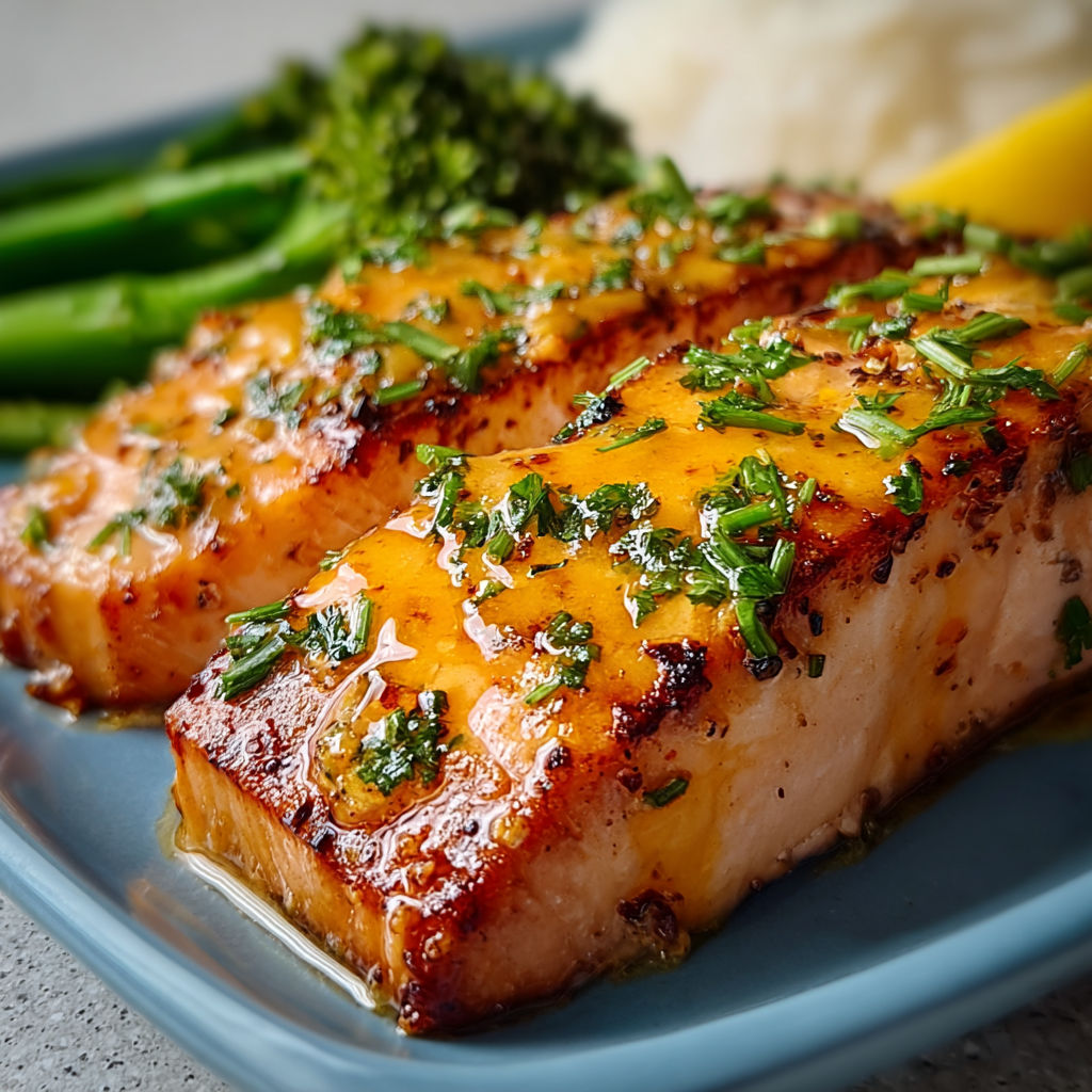 A plate of food with salmon and broccoli.