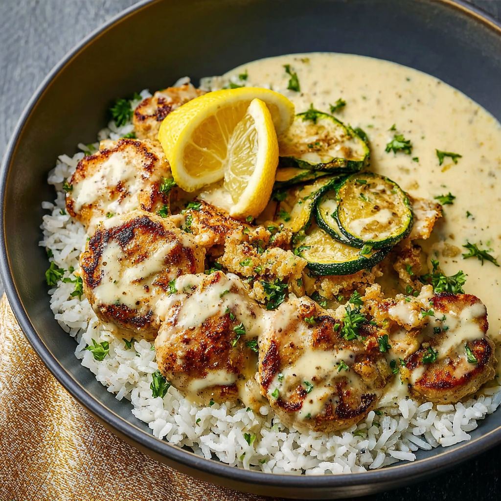 A bowl of creamy lemon butter chicken with crispy zucchini delight.