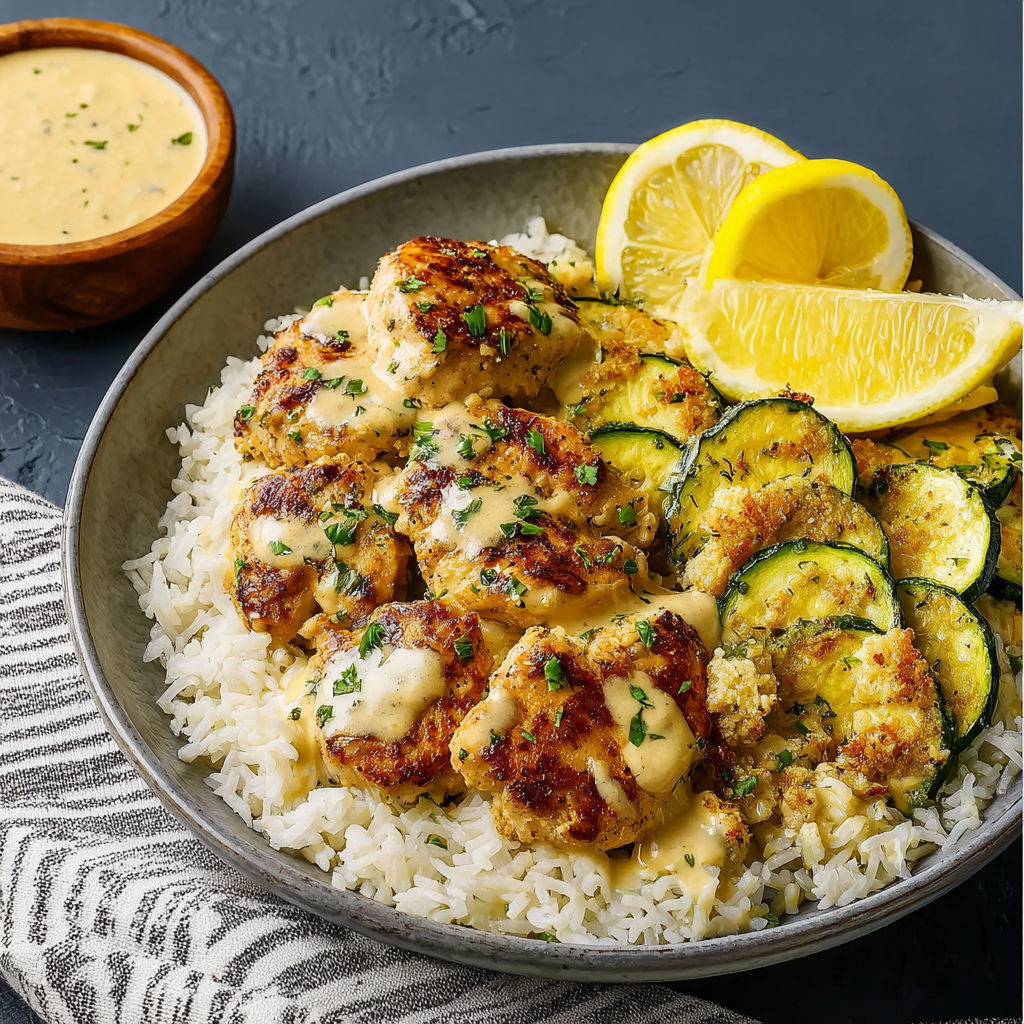 A plate of food with rice, chicken, and vegetables.