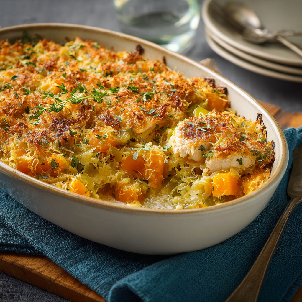 A dish of chicken, leek, and butternut squash bake.
