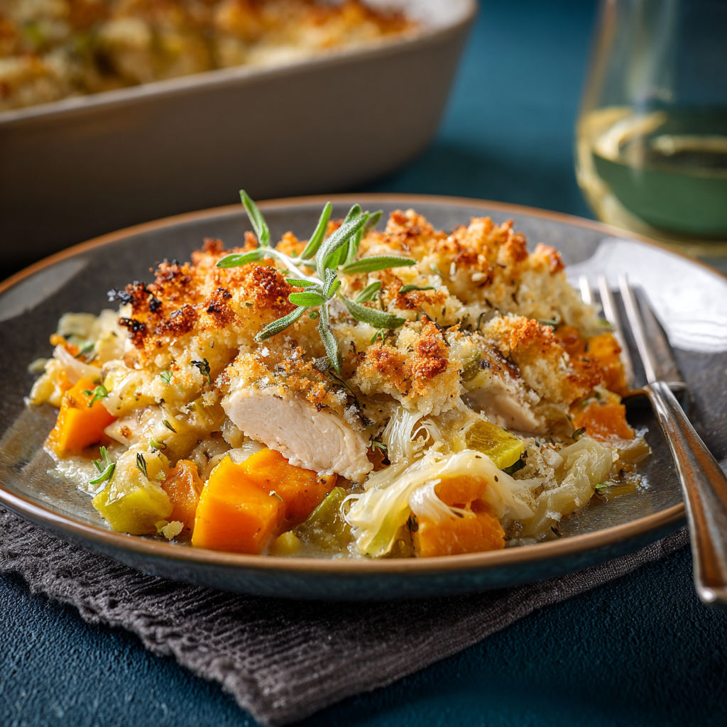 A plate of food with chicken, leek, and butternut squash.