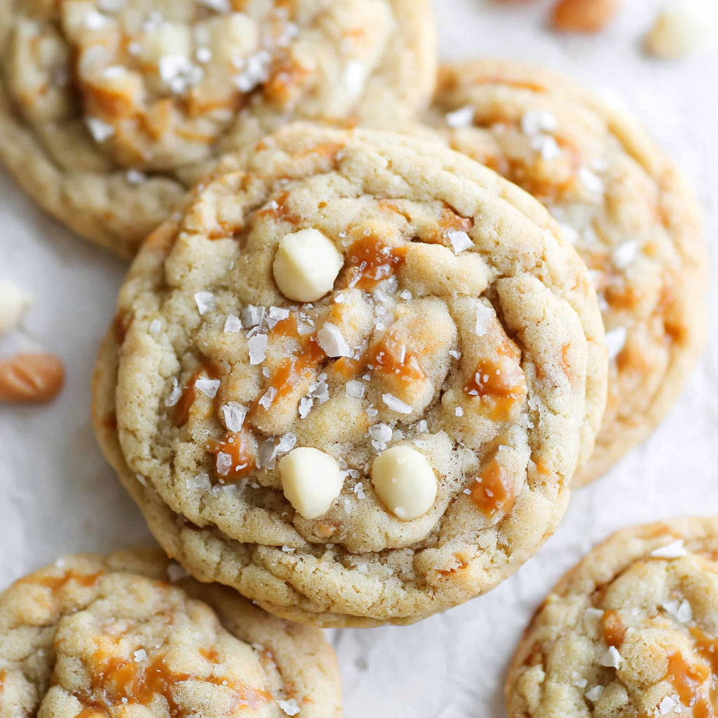A close up of a salted caramel white chocolate cookie.