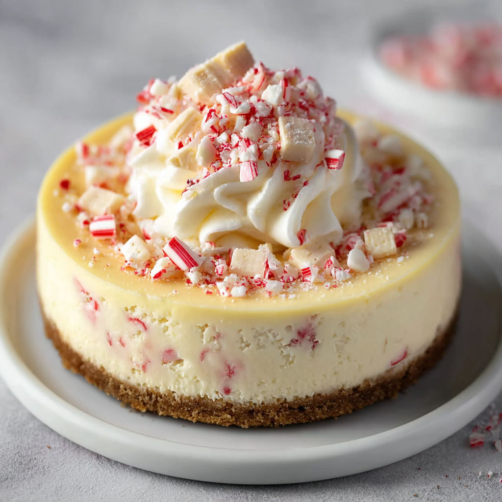A slice of white chocolate peppermint cheesecake with a white plate.