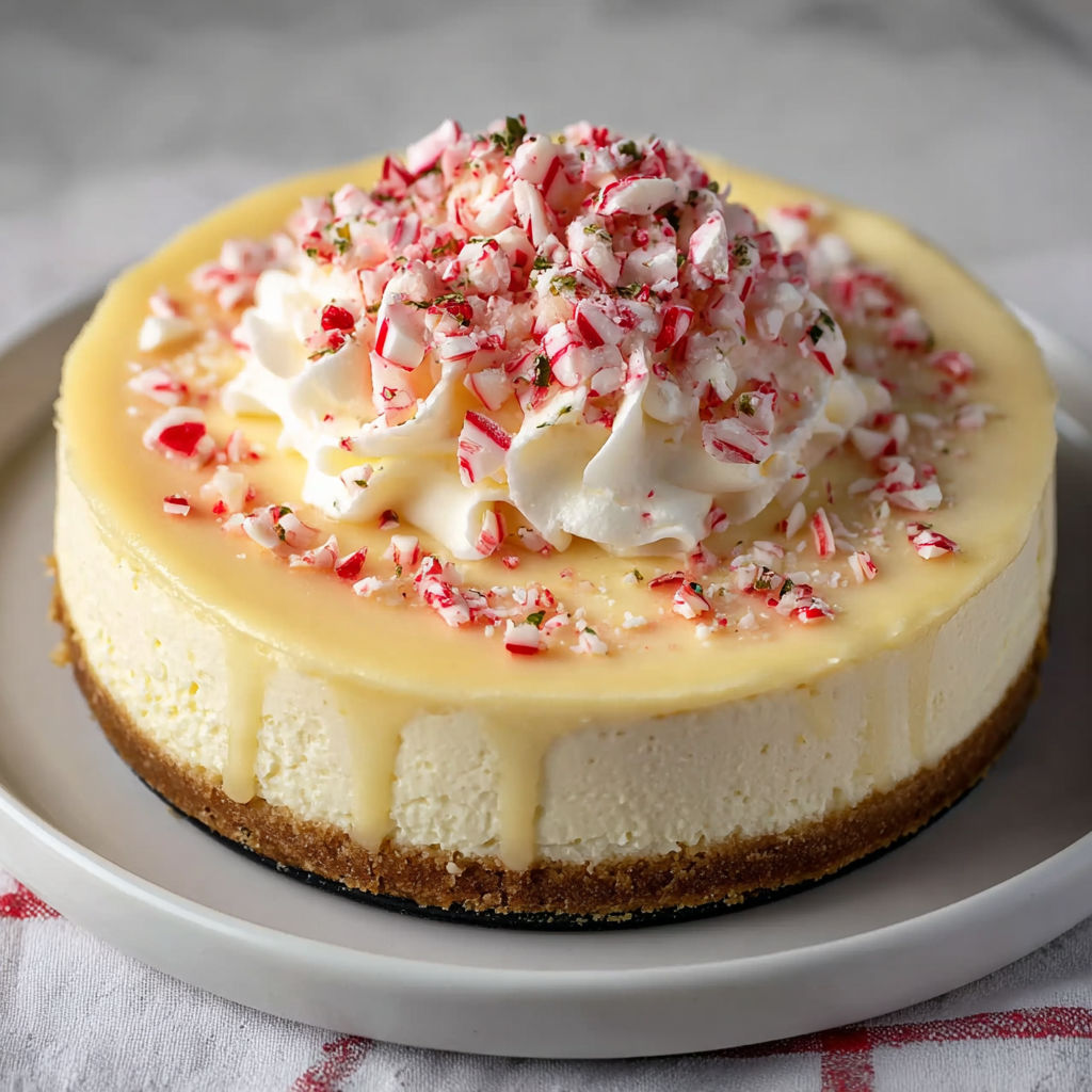 A slice of white chocolate peppermint cheesecake.